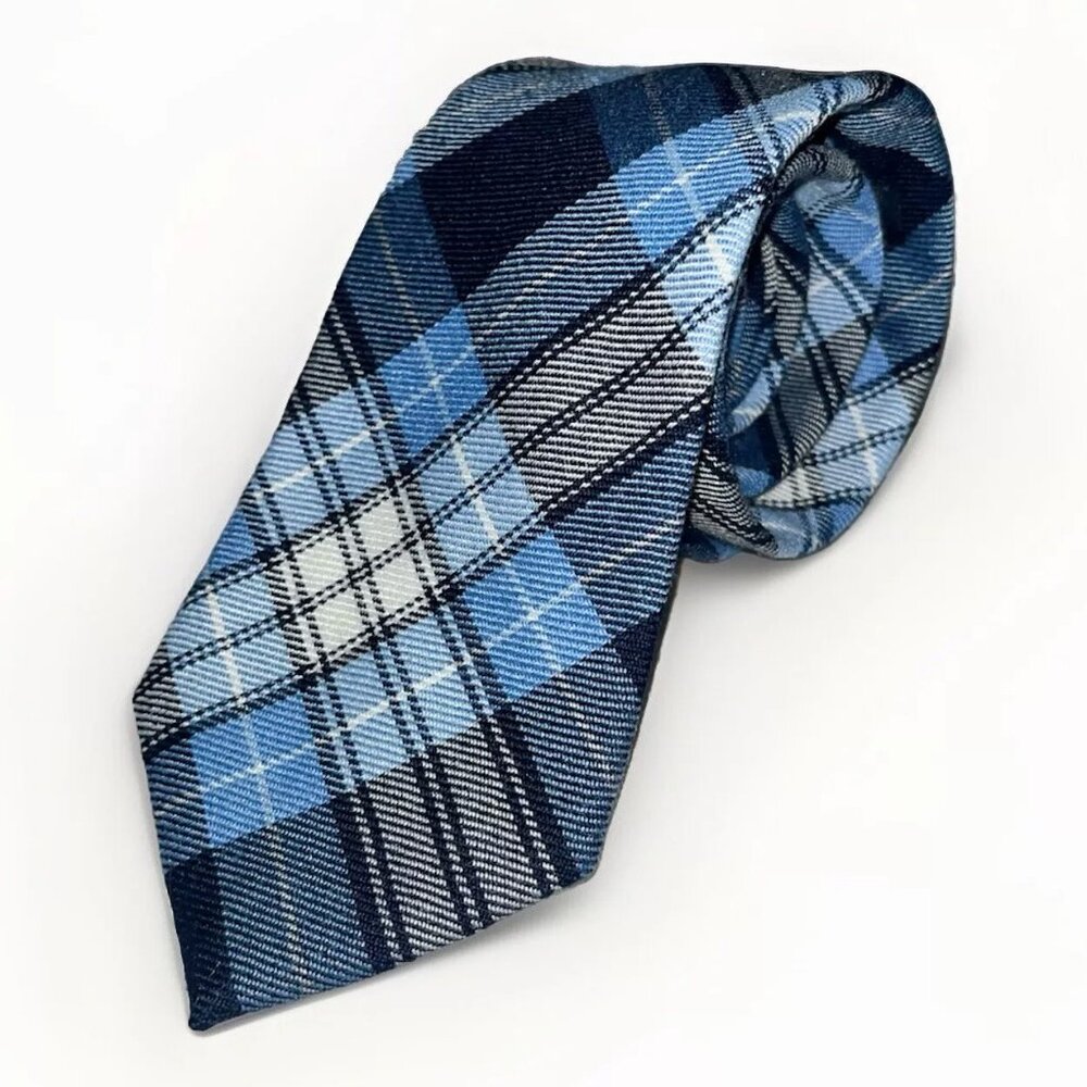 Lands’ End Plaid Men’s Tie Light Blue Navy Blue Grey 3.25’’ x 60’’